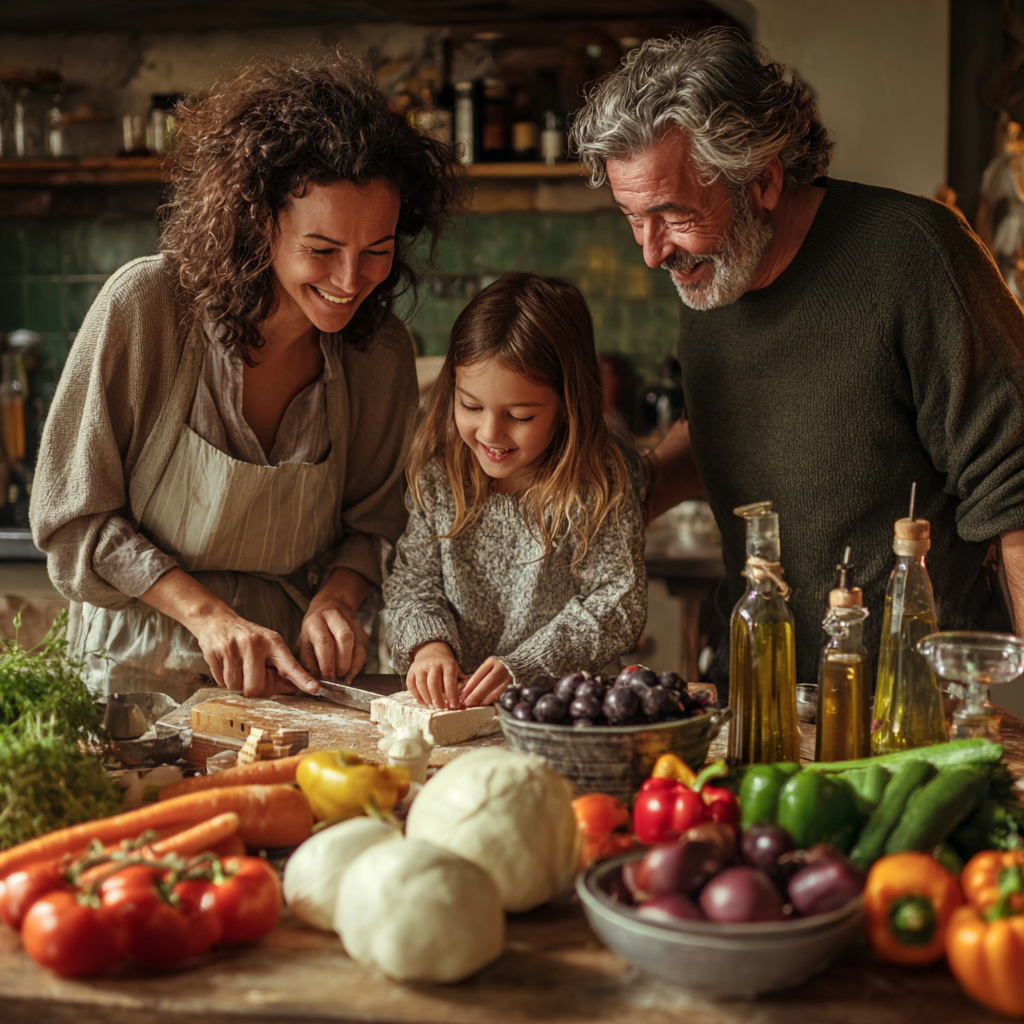 Mosolygós középkorú magyar nő, aki friss zöldségeket tart a konyhában, természetes világításban