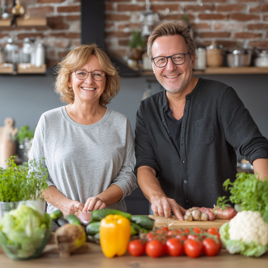 Idősebb magyar pár, akik egészségesen étkeznek a napfényes teraszukon, boldogan mosolyogva